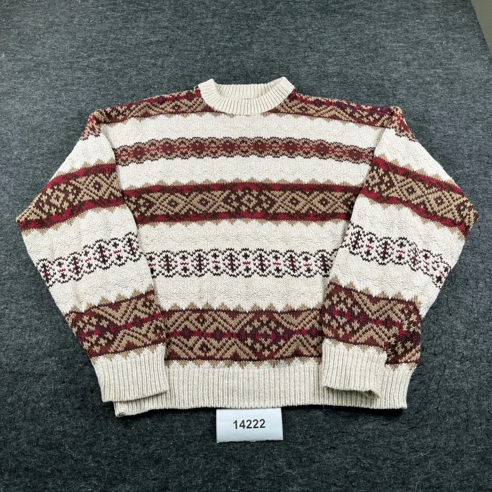 Van Heusen Sweater Mens XL Cream Vintage 90s Fair Isle Cotton Knit USA Made